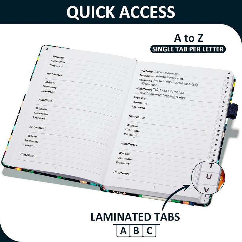 COMKISO Store Password Book with Individual Alphabetical Tabs Laminated, Large Print Password Keeper Book for Seniors, A5 Hardcover Internet Password Log Book to Record Website Login Details - Floral - Image 2